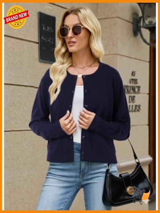 Lightweight Cropped Cardigan Sweater Long Sleeve Button Down Shrug - Picture 2 of 7